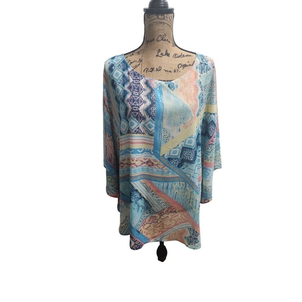 Chico's‎ Patchwork Print Tunic Top Flowy Blouse Colorful L/XL
